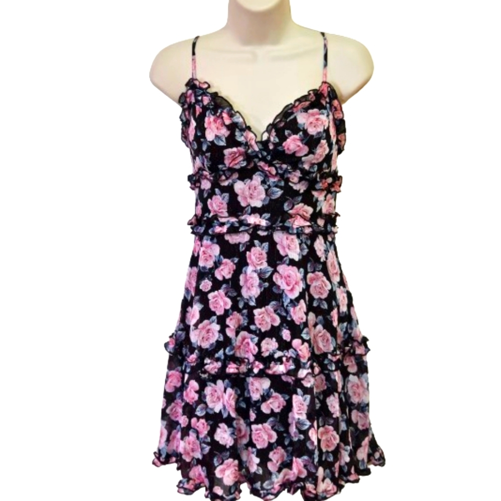 B. DARLIN Black/Pink MultiColor Floral Sleeveless Ruffle Dress,Size 9/10Juniors